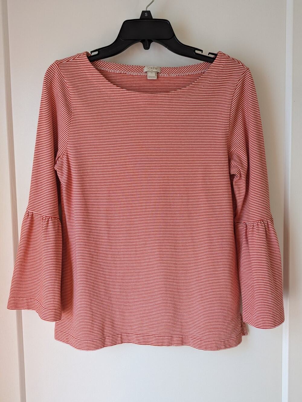 J Crew Women's Small Shirt Red Stripe Cropped 3/4 Bell Sleeves Career Casual
